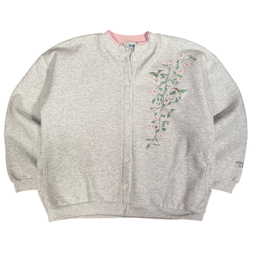 Vintage Floral Artisans Button Cardigan Hummingbird Garden Sweatshirt XL